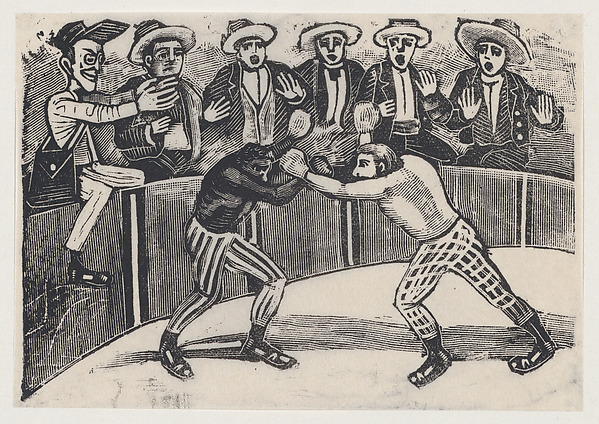 José Guadalupe Posada, Don Chepito witnessing a boxing match between two men (one black, the other white)