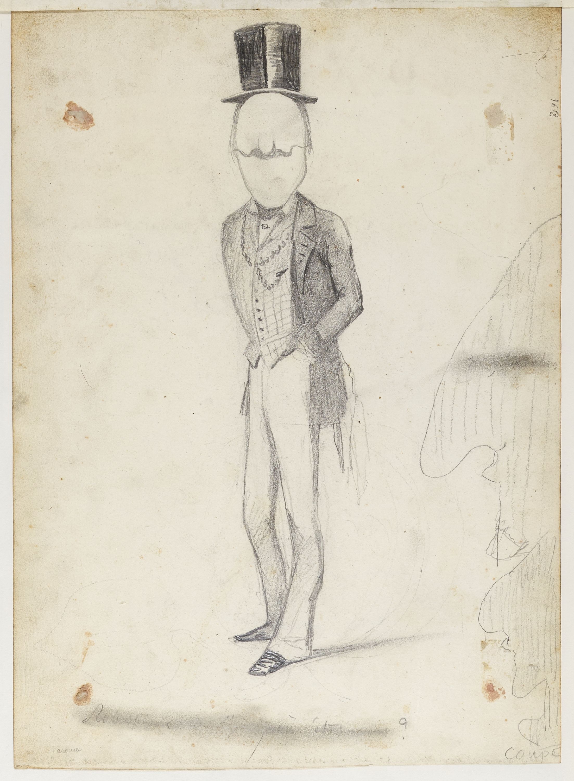 Anonyme, Portrait-charge en pied d'un homme à moustache (Jarousse) / Verso : trois croquis