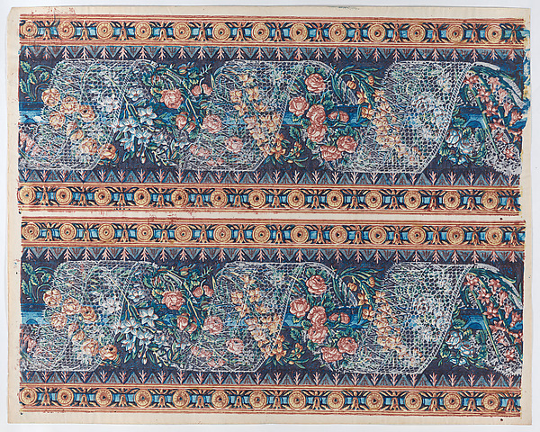 Anonymous, Sheet with two borders with lace atop a floral garland against a navy background