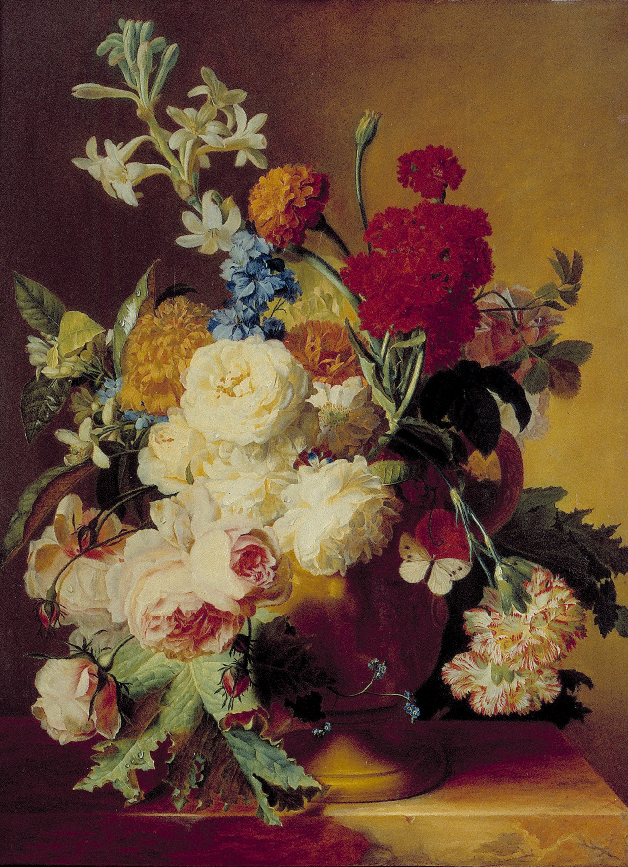 Jan van Huysum, Flowers in a vase on a marble slab