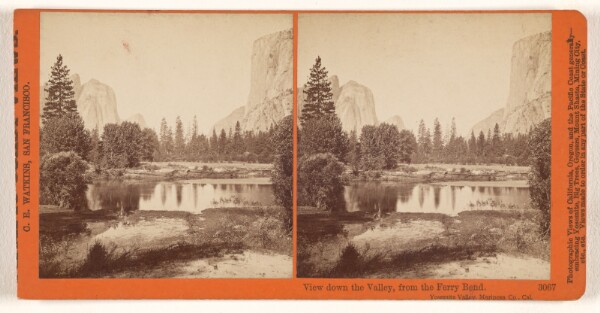Carleton Watkins, View down the Valley, from the Ferry Bend. Yosemite Valley, Mariposa Co., Cal.
