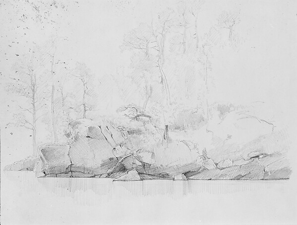 Albert Bierstadt, Study of Rocks and Trees by a Lake