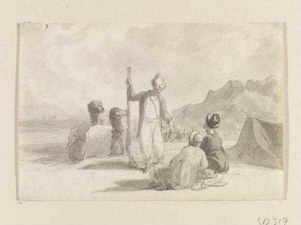 Unknown, Encampment with men in Oriental dress and camels, probably Giza