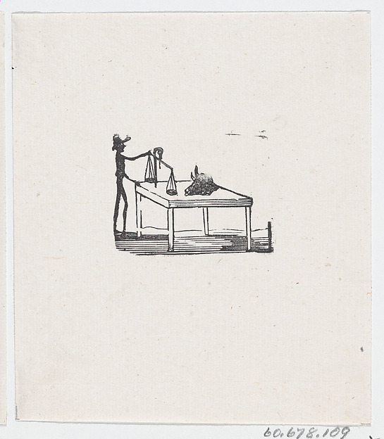 José Guadalupe Posada, A man standing at a table with a balance beam and a cow's skull