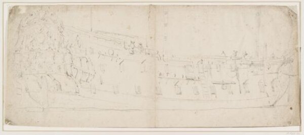willem van de velde the younger, Hull of an English ship; broadside view