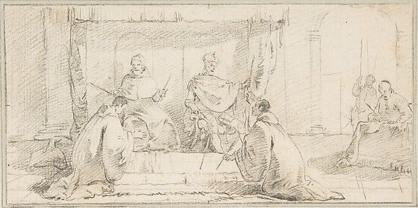 Giovanni Battista Tiepolo, Illustration for a Book:  Two Monks Kneeling before a Doge and an Emperor (Doge Ziani and Emperor Barbarossa?)