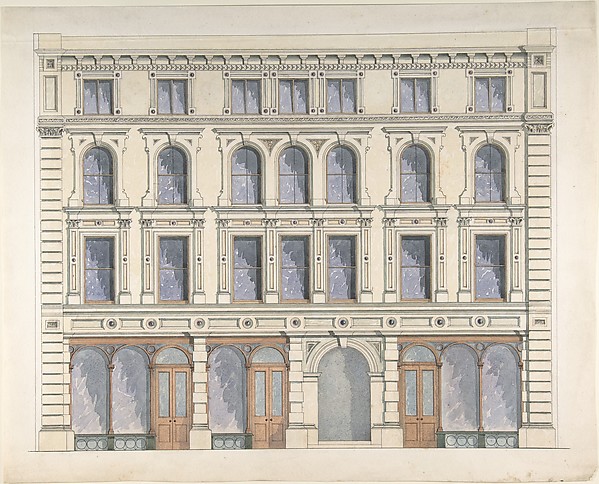 Anonymous, British, 19th century, Design for a City Building with Three Shops on the Ground Floor
