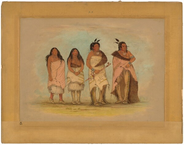 George Catlin, Pawneepict Chief, Two Daughters, and a Warrior