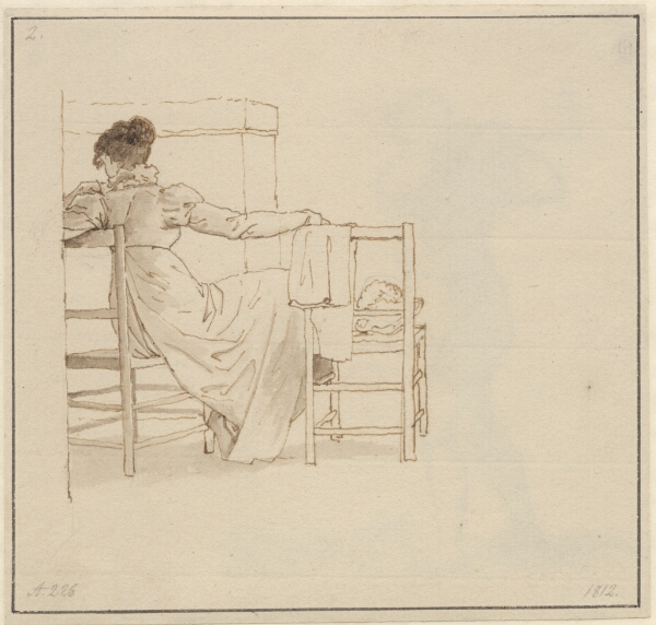 C.W. Eckersberg, En kone, der sidder på en rørstol, med hånd og fødder hvilende på en anden stol