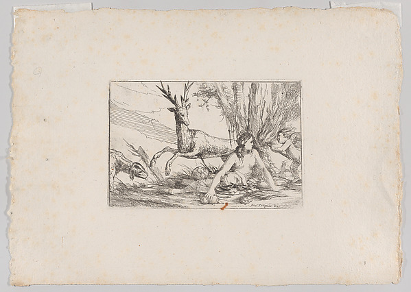 Giulio Carpioni, Earth, represented by Cybele seated at the base of a tree with fruits of the earth spread before her, a cupid with a torch approaches from the right, a stag and hound look toward Cybele from the left, from "The Elements"