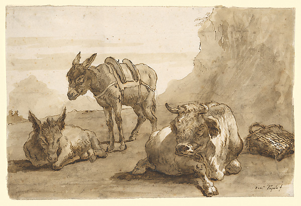 Giovanni Domenico Tiepolo, A Bull Lying Down, and Two Donkeys, in a Landscape