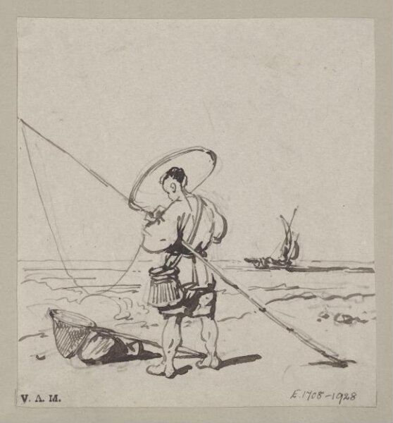 George Chinnery, A fisherman by the sea with rod, line and net
