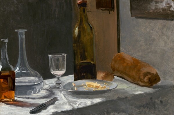 Claude Monet, Still Life with Bottle, Carafe, Bread, and Wine