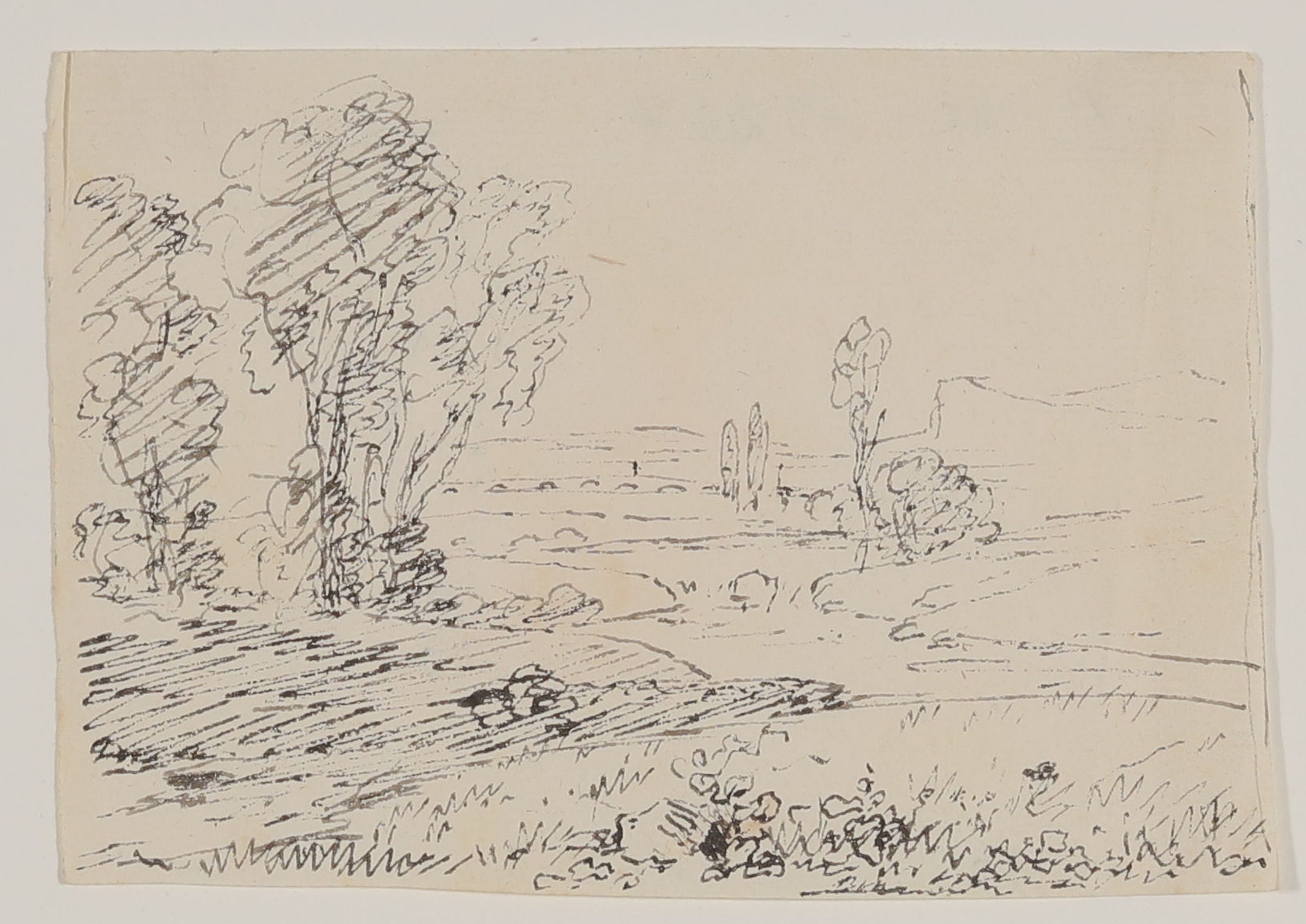 Caspar David Friedrich, Landschaftsskizze mit Bogenbrücke über einem Fluss [nach Claude Lorrains "Landschaft mit der Flucht nach Ägypten" von 1647]