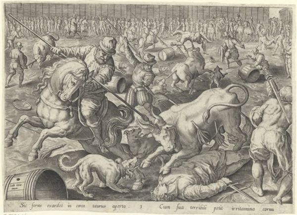 Galle, Philippe, (1537-1612), (printmaker), The hunting parties: Bull fight