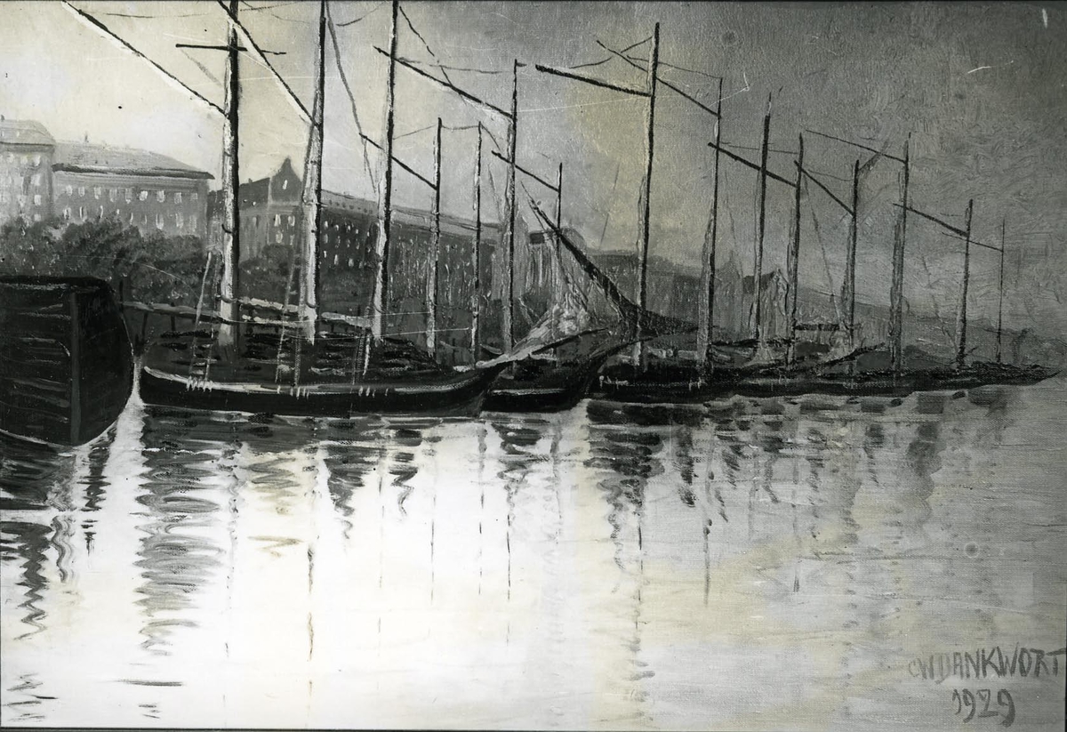 Repro, Stockholm, Strandvägen, 1929. Vedskutor vid Strandvägen. Oljemålning av C. W. Dankwort.