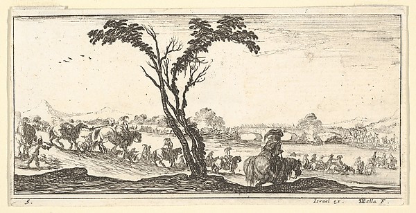 Stefano della Bella, Plate 5: a procession of horsemen crossing a river, a tree at center, from "Troops, cannons, and attacks on towns" (Dessins de quelques conduites de troupes, canons, et ataques de villes)