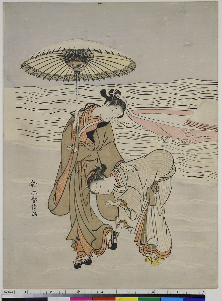 Suzuki Harunobu, Junge Dame mit Dienerin im Schnee