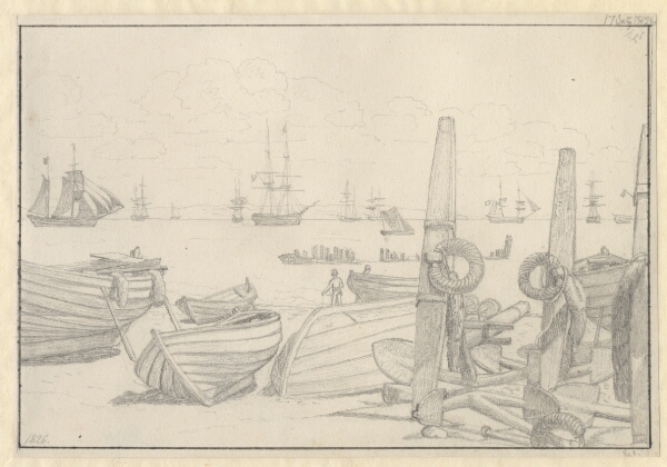 C.W. Eckersberg, Udsigt fra stranden syd for Helsingør mod vagtskibet, briggen "Falster".