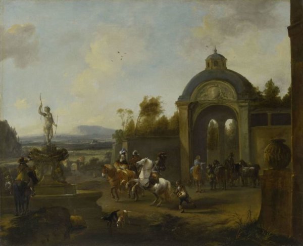 Pieter Wouwerman, Hunting Party at a Fountain