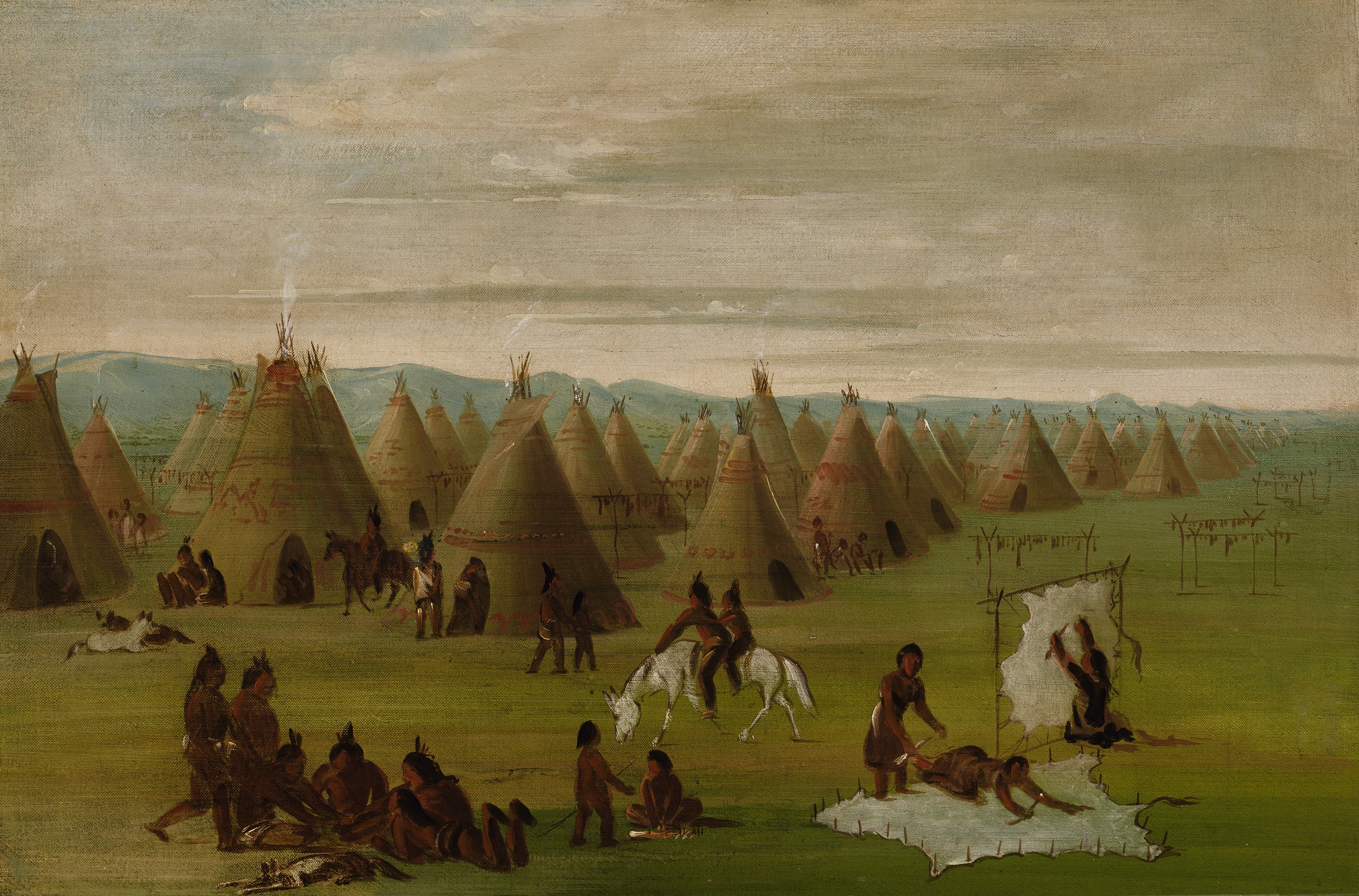 George Catlin, Comanche Village, Women Dressing Robes and Drying Meat