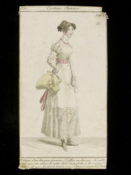 Unknown, Costume d'une trés-jeune personne. Coiffure en cheveux: la natte nouée avec un ruban de satin. Robe de perkale, à la vierge. Ceinture de gaze. Guetres de batiste écrue. Chapeau de paille d'Italie.