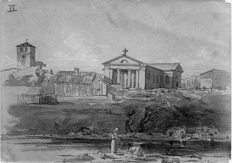 Unknown artist, Enligt text skrivet på kopian: Fotografi tagen 22/5 1917 av Fotograf Maria Lundbäck efter En laverad teckning 1813 - 14 ritad av engelske resanden & artisten J. F. James. Den visar Uddevalla Kyrka och dess klocktorn samt en del av nuvarande Hasselbacken. några år efter stadens brand1806. No 6 sidan…