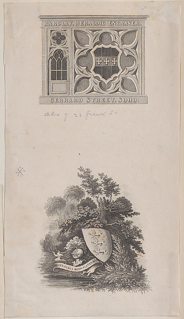 Anonymous, British, 19th century, Trade Card for Barclay, Heraldic Engraver