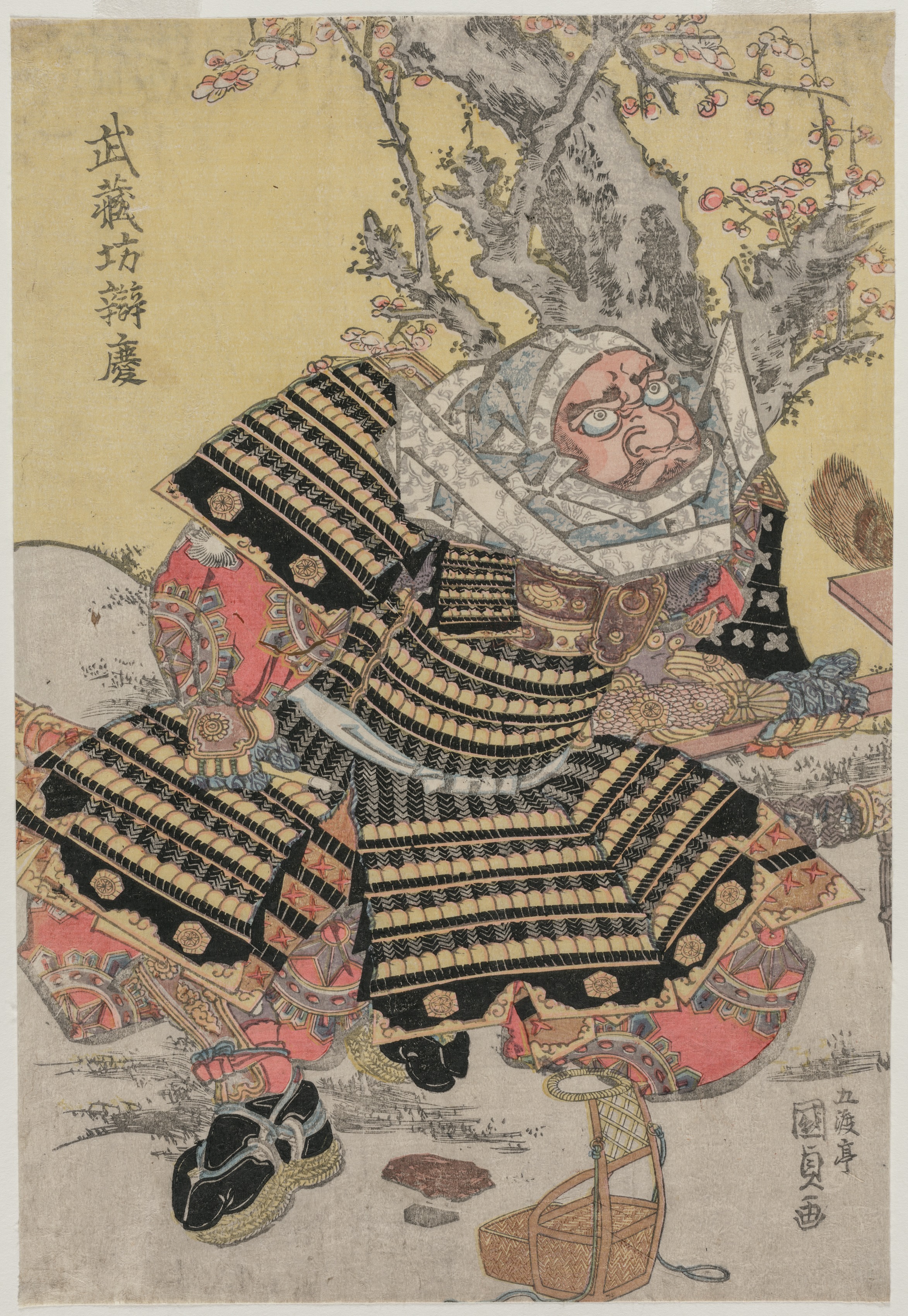 Utagawa Kunisada, Musashibo Benkei Kneeling by a Plum Tree