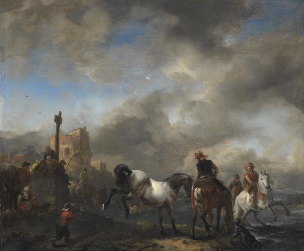 Philips Wouwerman, Horsepond near a Boundary Stone