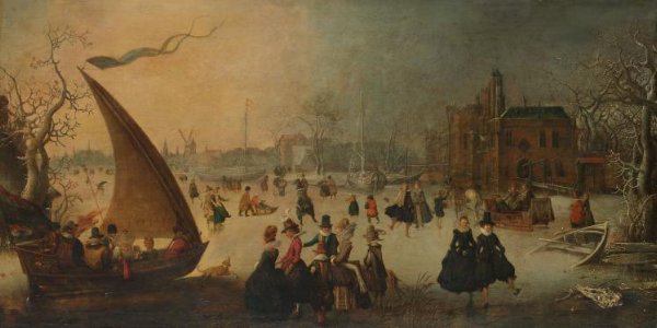 Adam van Breen, Landscape with Frozen Canal, Skaters and an Ice-Boat