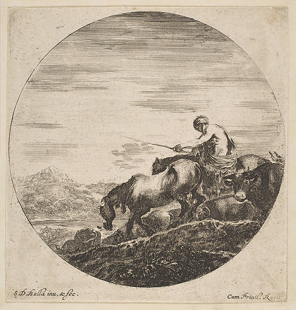 Stefano della Bella, Herdsman on horseback drives animals, from 'Six animal subjects' (Six sujets d'animaux)