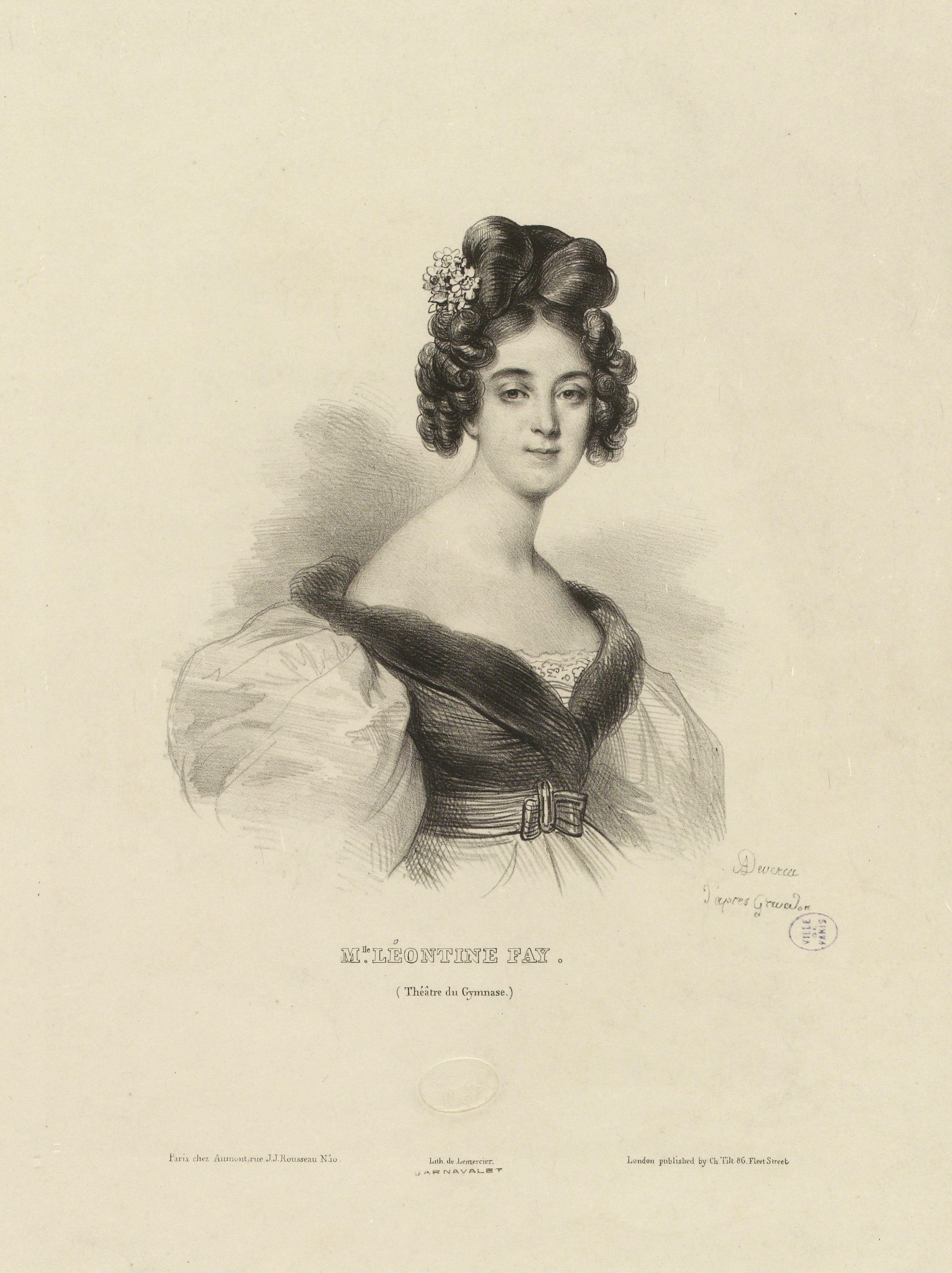 Achille Devéria, Actrices des principaux Théâtres de Paris : portrait de Mademoiselle Léontine Fay, Théâtre du Gymnase.