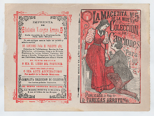 José Guadalupe Posada, Front and back covers printed on the same sheet for a collection of songs for the year 1901 (number 5), a man on his knees before a woman