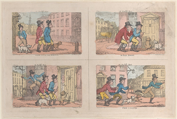 Thomas Rowlandson, The Bailiff's Hunt: Going Out in the Morning, In Full Scent, Breaking Cover, and The Pursuit
