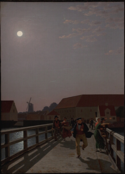 C.W. Eckersberg, Langebro i måneskin med løbende figurer