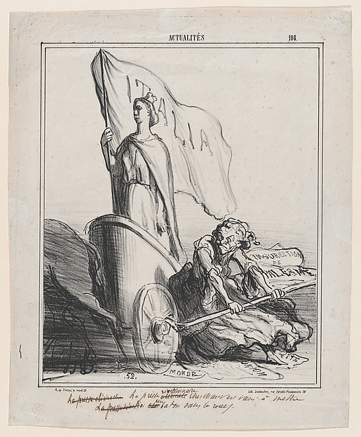 Honoré Daumier, The reactionary press, trying in vain to jam the wheels, from 'News of the day,' published in "Le Charivari"