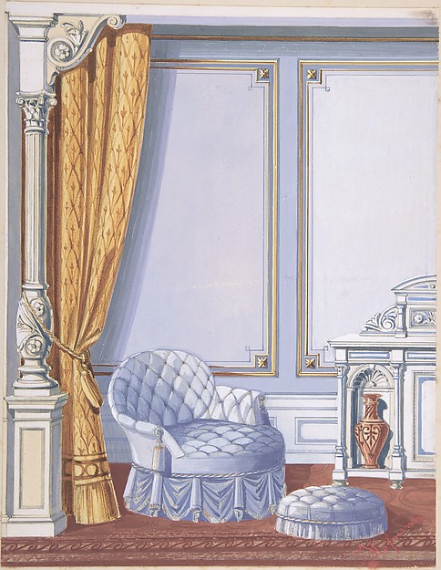 Anonymous, British, 19th century, Interior Design for a Gray Curtained Alcove, with an Uphostered Armchair, Ottoman and Cabinet
