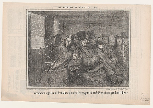 Honoré Daumier, Voyageurs appréciant de moins en moins les..., from Les Agréments des Chemins de Fer, published in Le Charivari, December 25, 1856