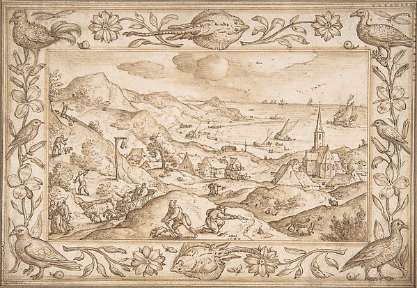 Hans Bol, Hilly Coastal Landscape with Hunters, with an elaborate border of Fishes and Birds
