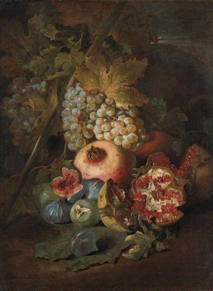 Abraham Brueghel, Bunches of Grapes, Pomegranates and Figs in a Landscape