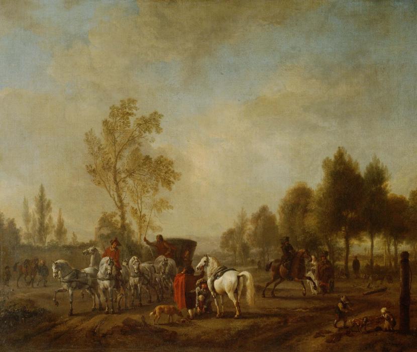 Philips Wouwerman, A Riding-School in the Open, with a Coach