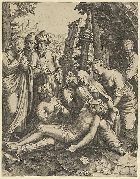 Anonymous, The lamentation of the dead Christ who is supported by the Virgin Mary and surrounded by other figures