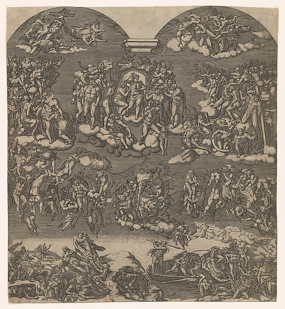 Anonymous, The Last Judgment, Christ at top center surrounded by many figures, below figures sound trumpets and people are being forced from the boat into hell