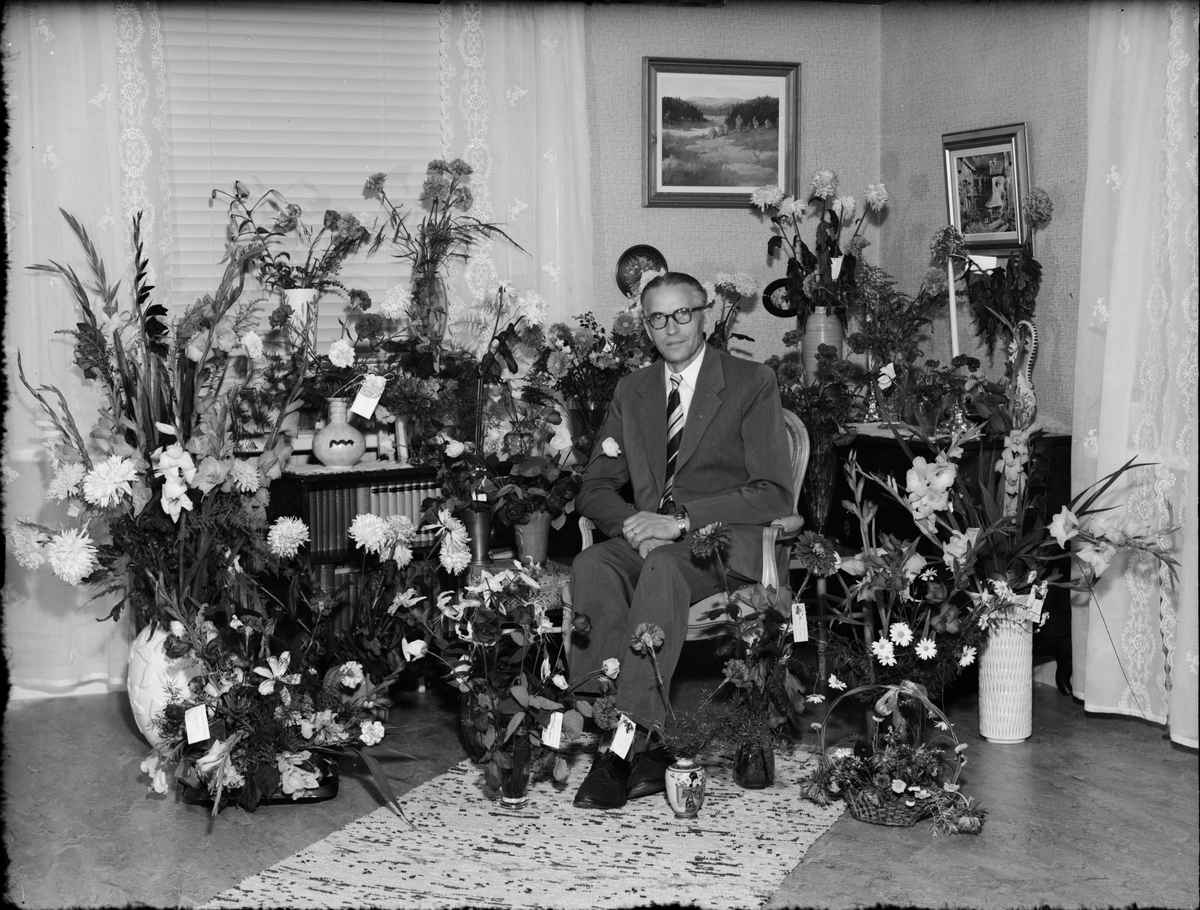 Skötsner-Edhlund, Man omgiven av blommor i bostadsmiljö, Östhammar, Uppland