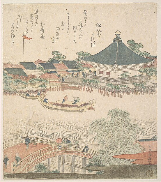 Katsushika Hokusai, River Scene with Bridge in Foreground