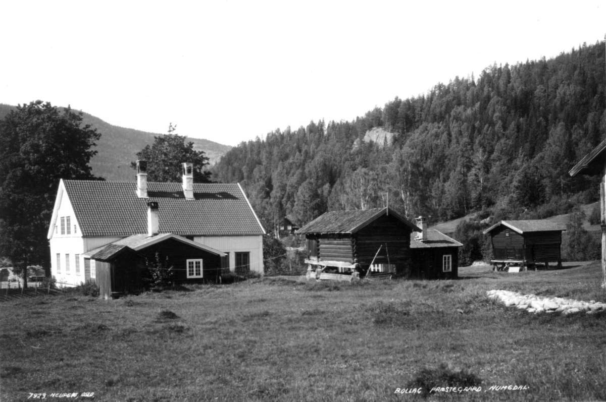 Hermann Christian Neupert, Rollag prestegård, Rollag, Buskerud. 1930. Gårdstun. Skog og fjell i bakgrunnen.