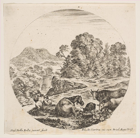 Stefano della Bella, A horse lying down at center, a cow and two goats at right, two seated shepherds to left, a waterfall and a mountain at left in the background, plate 10 from "Roman landscapes and ruins" (Paysages et ruines de Rome)