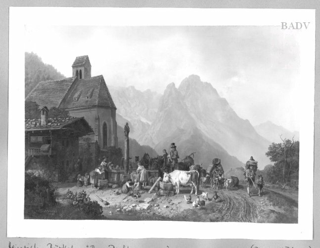 Heinrich Bürkel, rest at a fountain near a church in the mountains