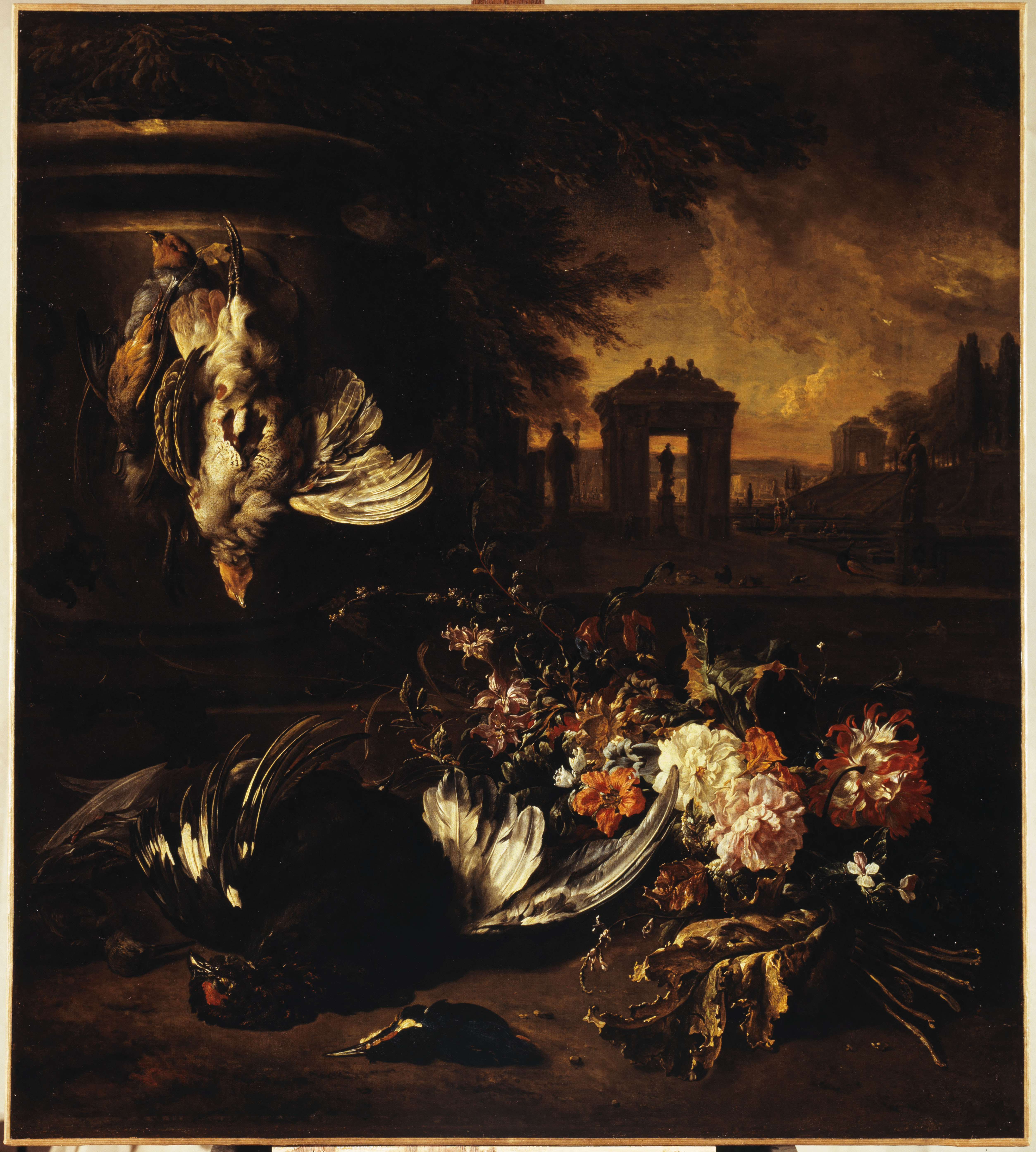 Jan Weenix, Fleurs et gibier mort devant un paysage